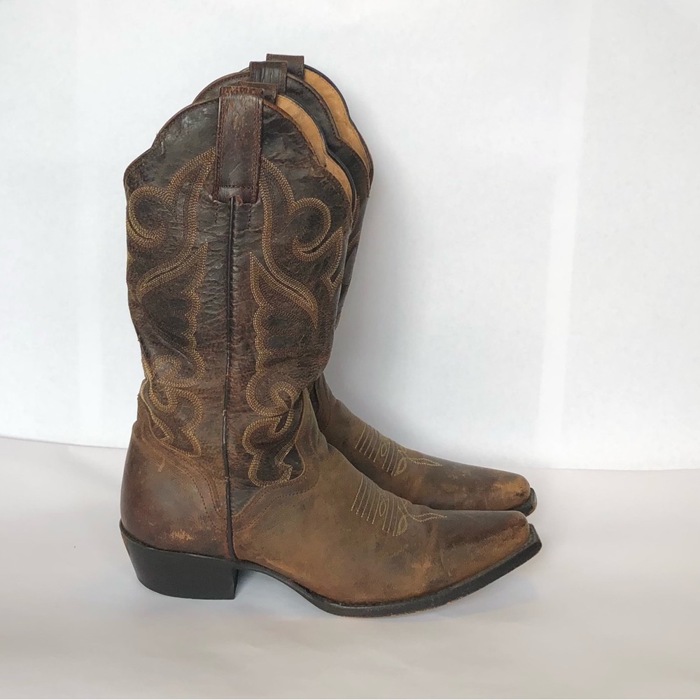 JB Dillon Brown Cowboy Boots Pull On square Toe Leather Unisex Women Size 6.5B